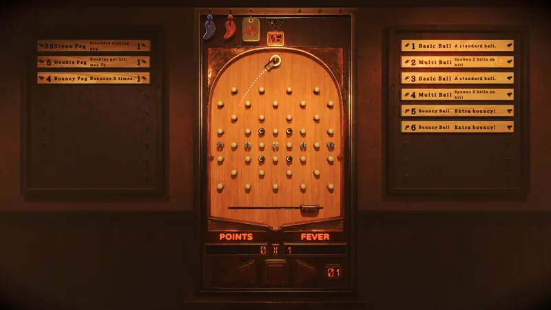 The pachinko machine, with the player's pegs and balls listed on boards either side
