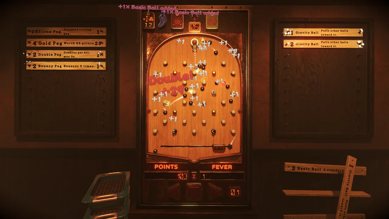 A round on the pachinko board, balls scoring off the pegs