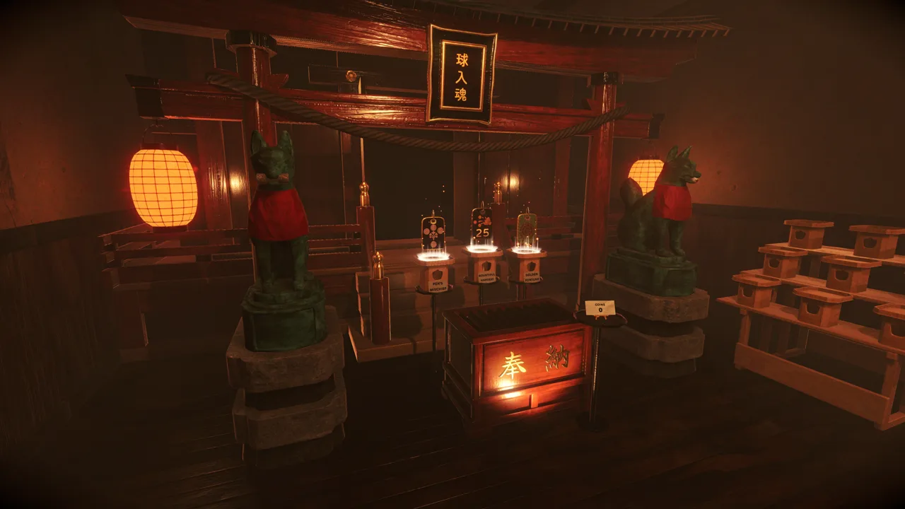 The fox shrine in the corner of the izakaya, lanterns lit